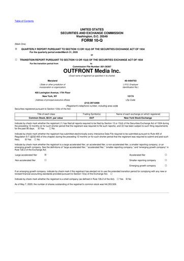 Miniature Outfront Media
 10-Q Rapport trimestriel 2020 
