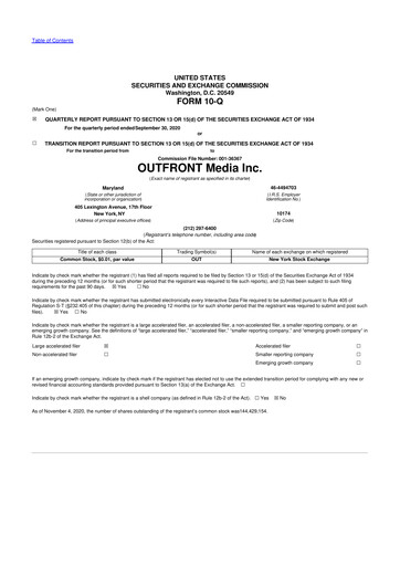 Miniature Outfront Media
 10-Q Rapport trimestriel 2020 