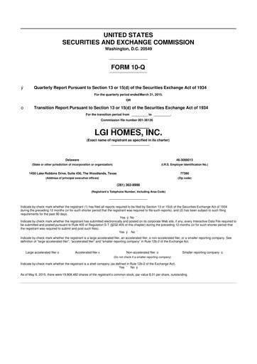 Thumbnail LGI Homes
 10-Q Quarterly Report FY2015 