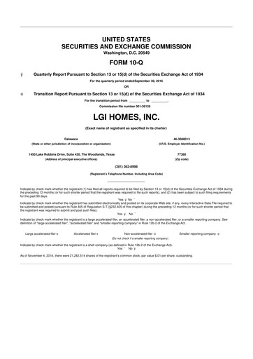 Thumbnail LGI Homes
 10-Q Quarterly Report FY2016 