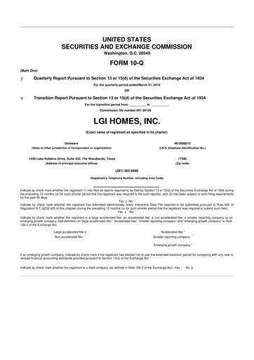 Thumbnail LGI Homes
 10-Q Quarterly Report FY2019 
