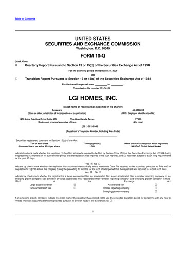 Thumbnail LGI Homes
 10-Q Quarterly Report FY 