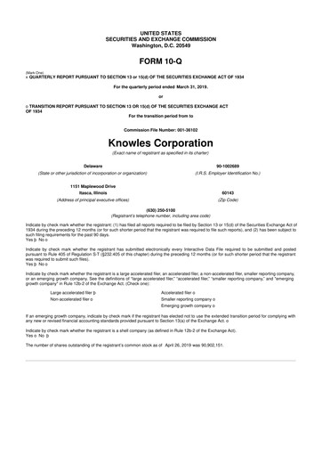 Thumbnail Knowles
 10-Q Quarterly Report FY2019 