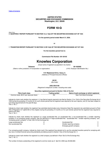 Thumbnail Knowles
 10-Q Quarterly Report FY 