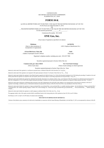 Thumbnail ONE Gas
 10-K Annual Report 2014