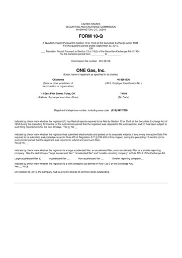 Thumbnail ONE Gas
 10-Q Quarterly Report FY2016 