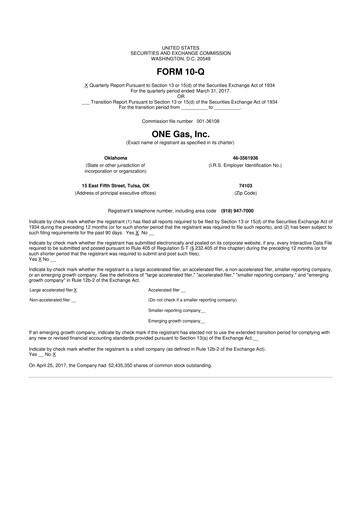 Thumbnail ONE Gas
 10-Q Quarterly Report FY2017 
