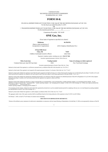 Thumbnail ONE Gas
 10-K Annual Report 2019