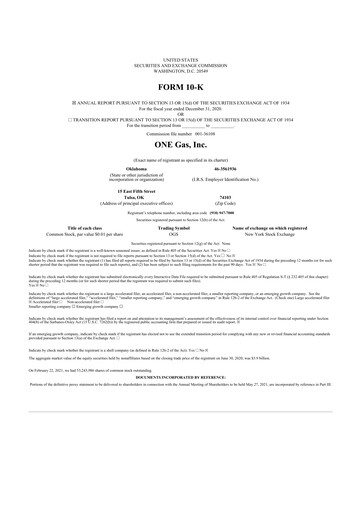 Thumbnail ONE Gas
 10-K Annual Report 2020