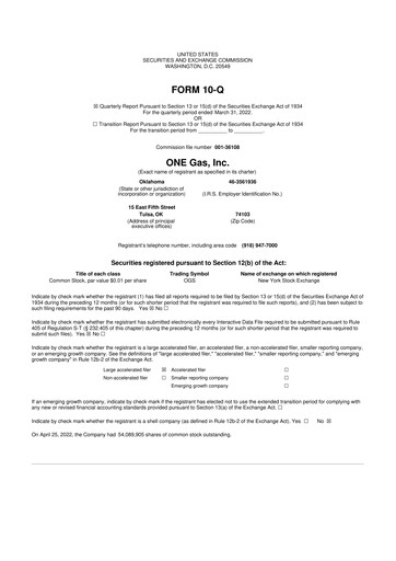 Thumbnail ONE Gas
 10-Q Quarterly Report FY2022 