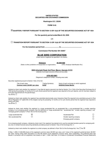 Thumbnail Blue Bird Corporation
 10-Q Quarterly Report FY 