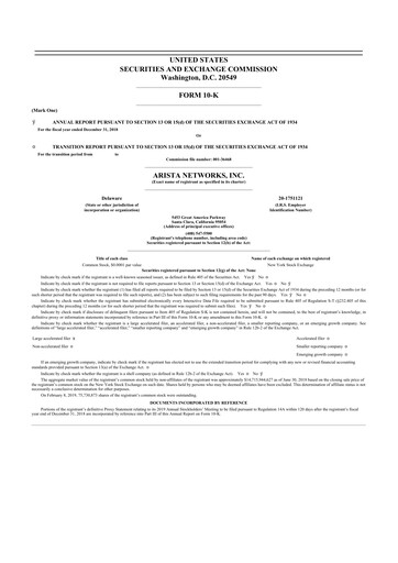 Thumbnail Arista Networks 10-K Annual Report 2018