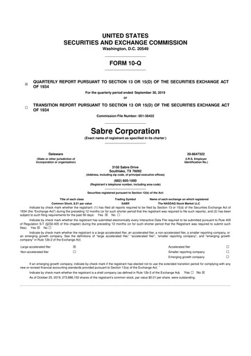 Thumbnail Sabre 10-Q Quarterly Report FY2019 
