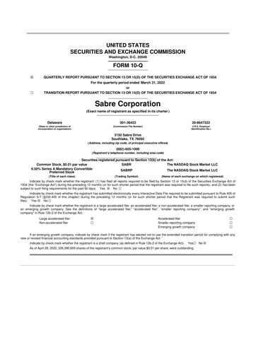 Thumbnail Sabre 10-Q Quarterly Report FY2022 