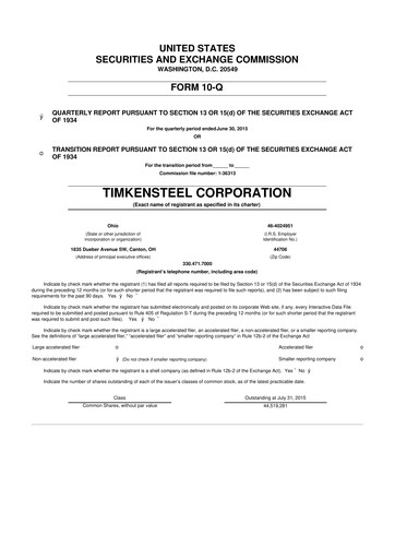 Miniature Metallus 10-Q Rapport trimestriel 2015 