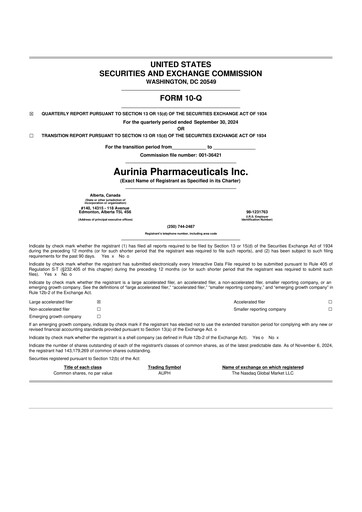 Thumbnail Aurinia Pharmaceuticals
 10-Q Quarterly Report FY 