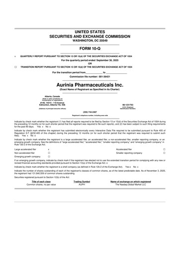 Thumbnail Aurinia Pharmaceuticals
 10-Q Quarterly Report FY 