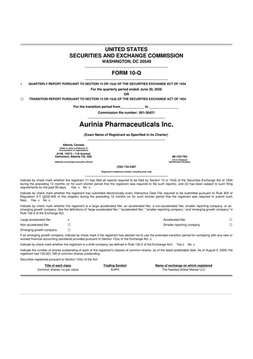 Vorschaubild Aurinia Pharmaceuticals
 10-Q Quartalsbericht 2026 