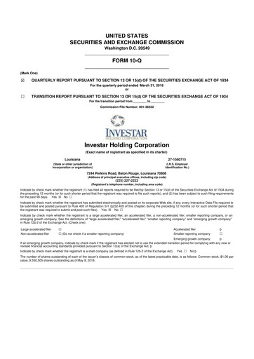 Thumbnail Investar Holding
 10-Q Quarterly Report FY2018 