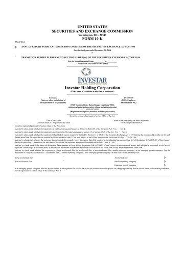 Thumbnail Investar Holding
 10-K Annual Report 2018