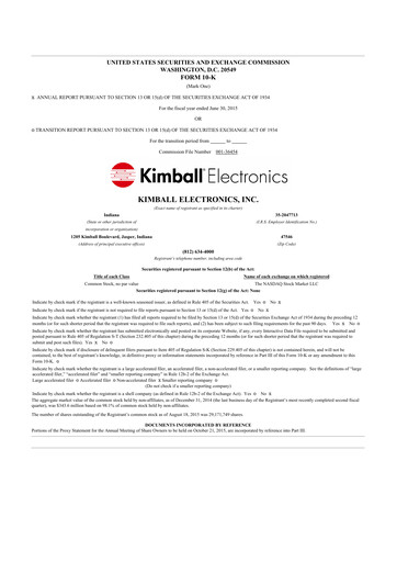 Miniature Kimball Electronics 10-K Rapport annuel 2015
