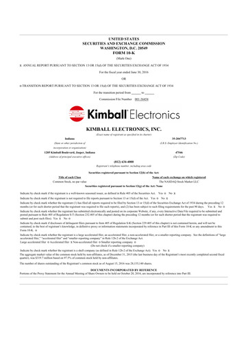 Miniature Kimball Electronics 10-K Rapport annuel 2016