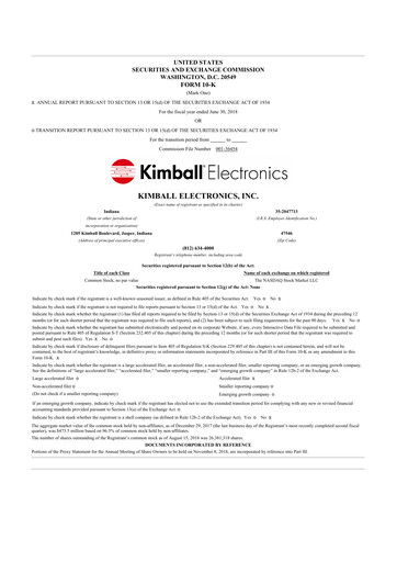 Miniature Kimball Electronics 10-K Rapport annuel 2018