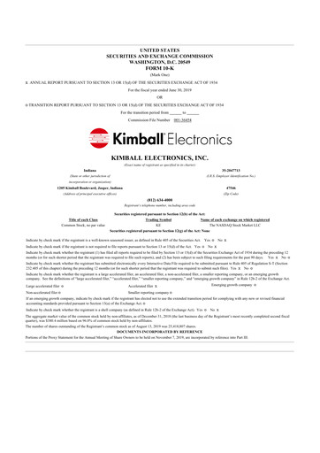 Miniature Kimball Electronics 10-K Rapport annuel 2019