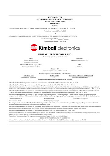 Miniature Kimball Electronics 10-K Rapport annuel 2020
