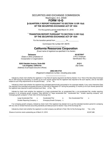 Thumbnail California Resources Corporation
 10-Q Quarterly Report FY2018 