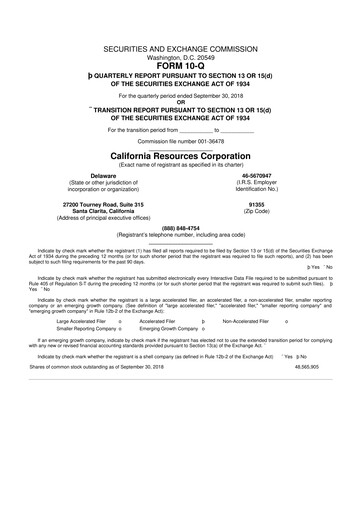 Thumbnail California Resources Corporation
 10-Q Quarterly Report FY2018 