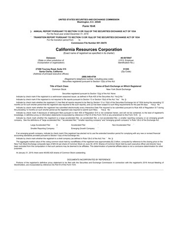 Thumbnail California Resources Corporation
 10-K Annual Report 2018