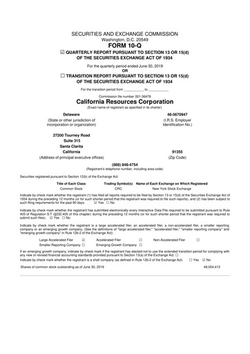 Thumbnail California Resources Corporation
 10-Q Quarterly Report FY2019 