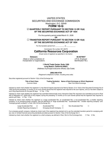 Thumbnail California Resources Corporation
 10-Q Quarterly Report FY 