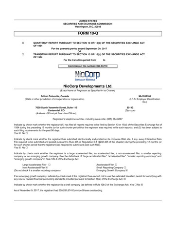 Thumbnail NioCorp Developments 10-Q Quarterly Report FY2018 