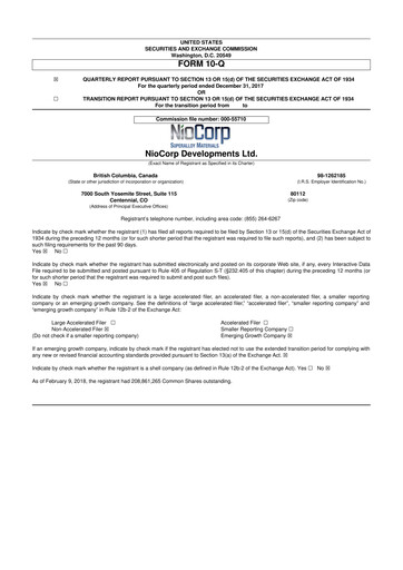 Thumbnail NioCorp Developments 10-Q Quarterly Report FY2018 