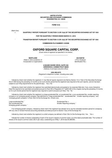 Miniature Oxford Square Capital
 10-Q Rapport trimestriel  