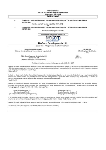 Thumbnail NioCorp Developments 10-Q Quarterly Report FY2018 