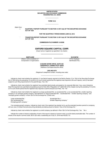 Miniature Oxford Square Capital
 10-Q Rapport trimestriel  