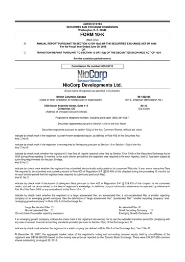Thumbnail NioCorp Developments 10-K Annual Report 2018