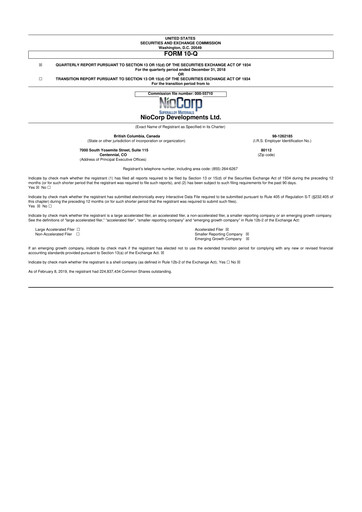 Thumbnail NioCorp Developments 10-Q Quarterly Report FY2019 