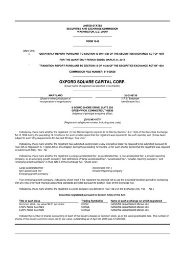 Miniature Oxford Square Capital
 10-Q Rapport trimestriel  