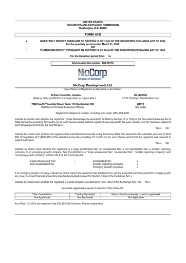 Thumbnail NioCorp Developments 10-Q Quarterly Report FY2019 