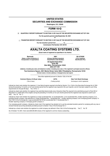 Thumbnail Axalta 10-Q Quarterly Report FY2021 