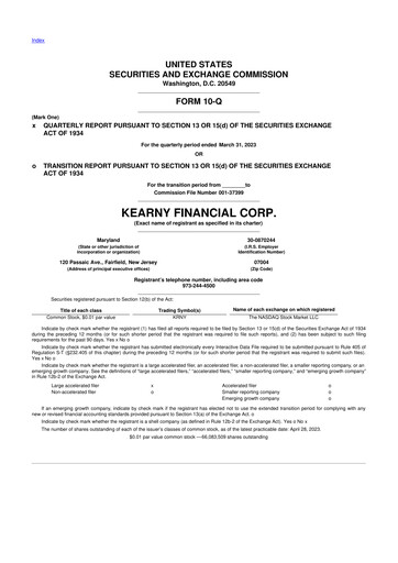 Miniature Kearny Financial
 10-Q Rapport trimestriel 2023 