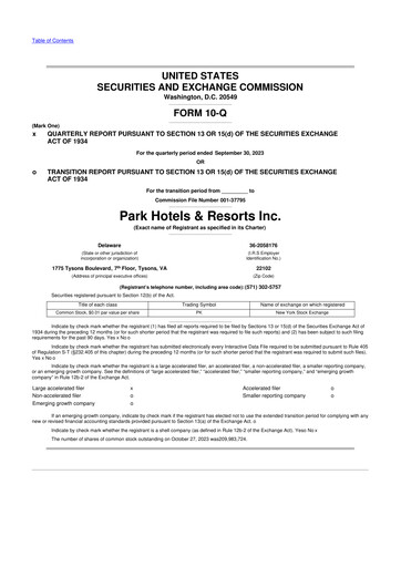 Thumbnail Park Hotels & Resorts

 10-Q Quarterly Report FY2023 