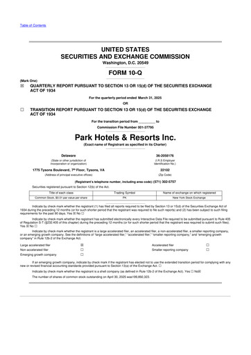 Thumbnail Park Hotels & Resorts

 10-Q Quarterly Report FY2025 