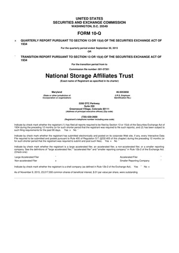 Thumbnail National Storage Affiliates Trust
 10-Q Quarterly Report FY2015 