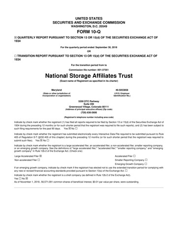 Thumbnail National Storage Affiliates Trust
 10-Q Quarterly Report FY2018 