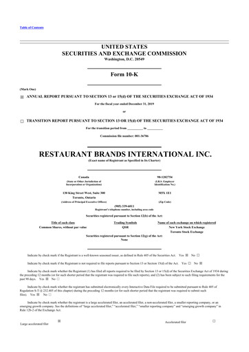 Thumbnail Restaurant Brands International 10-K Annual Report 2019